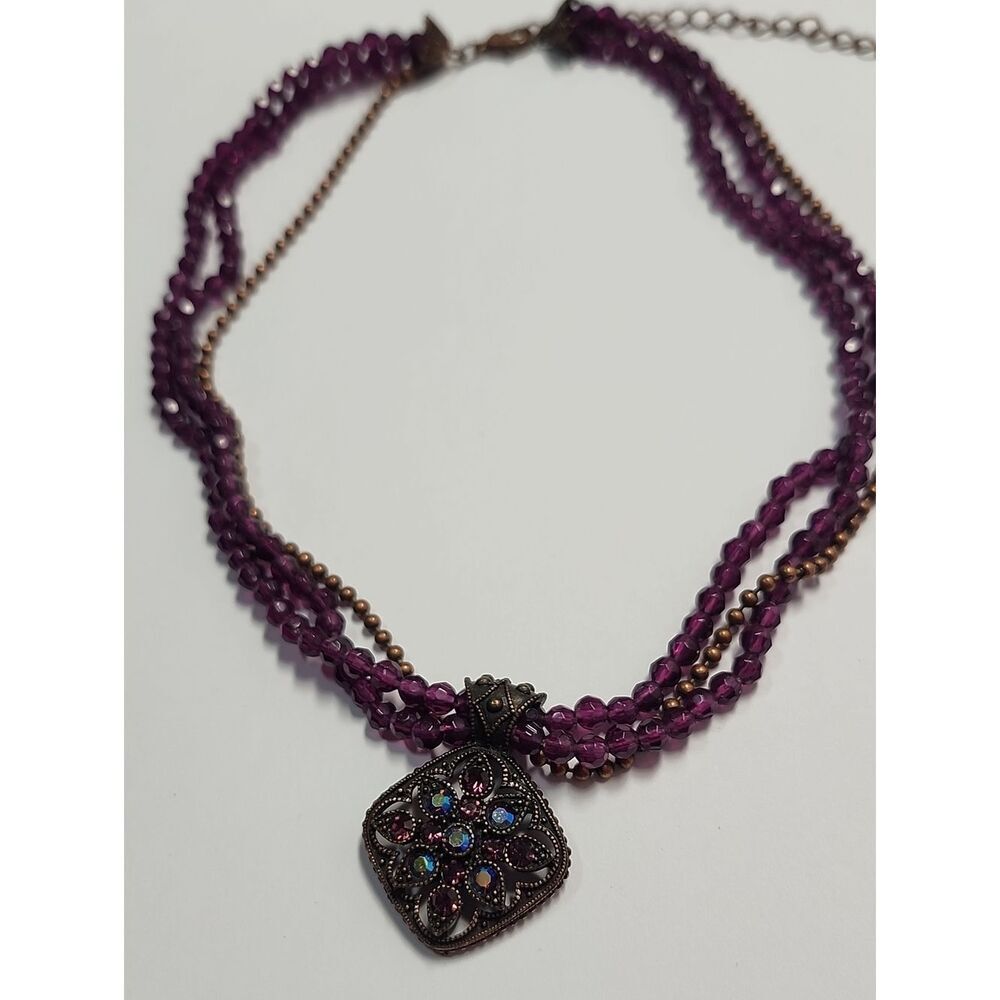 Vintage Signed Avon Purple Beaded Rhinestones Pendant Multi Strand Necklace